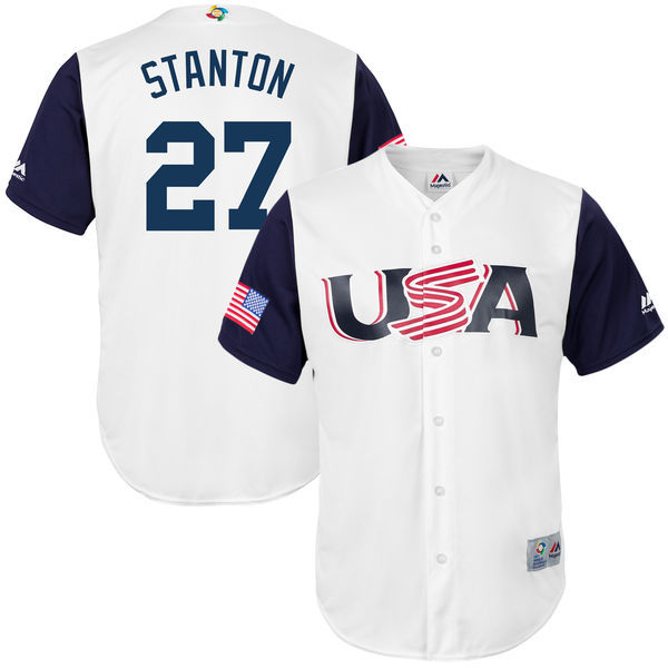 customized Men USA Baseball #27 Giancarlo Stanton Majestic White 2017 World Baseball Classic Replica Jersey->->MLB Jersey